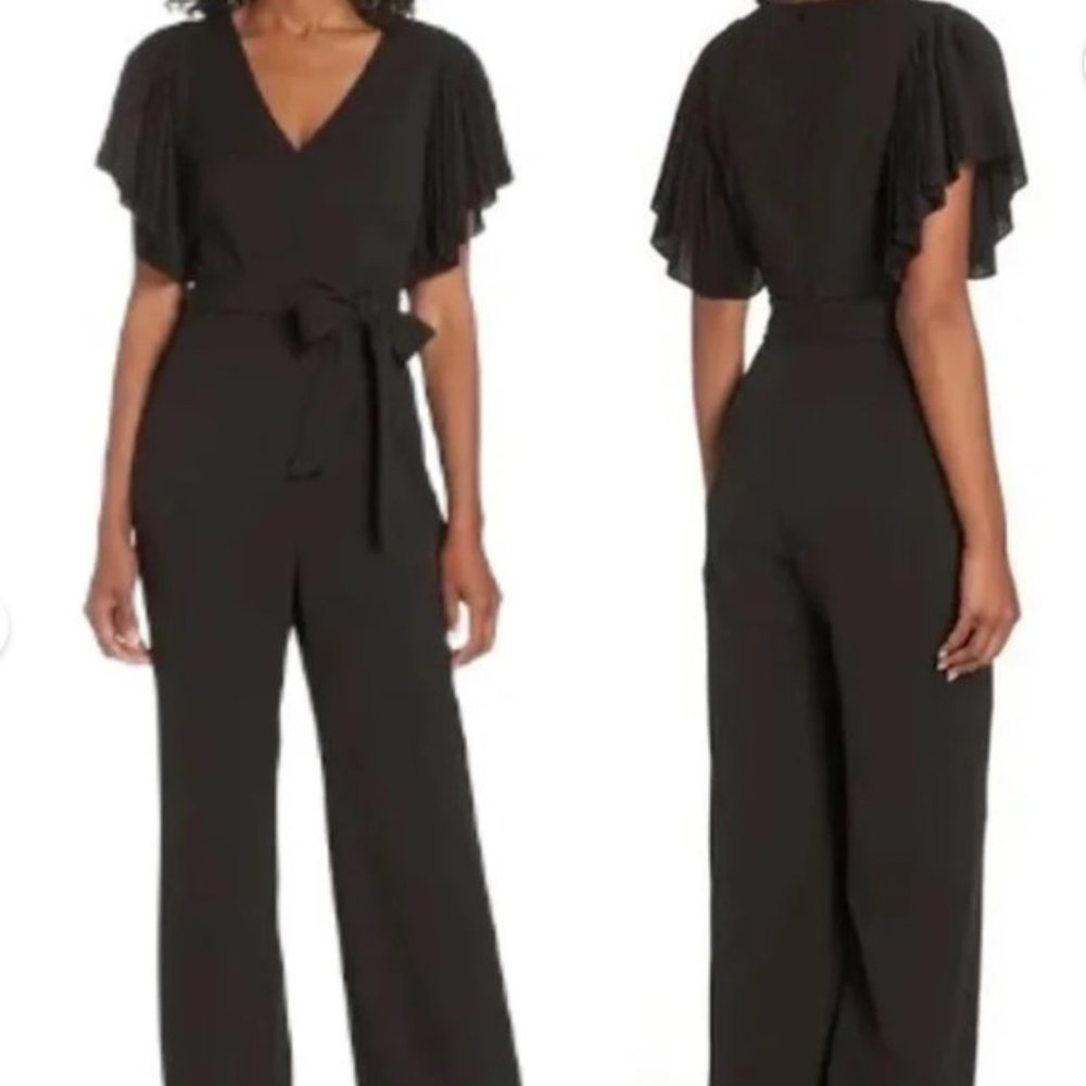 EUC Eliza J Women’s Black V Neck Flutter Sleeve Straight Leg Zip Belted Jumpsuit